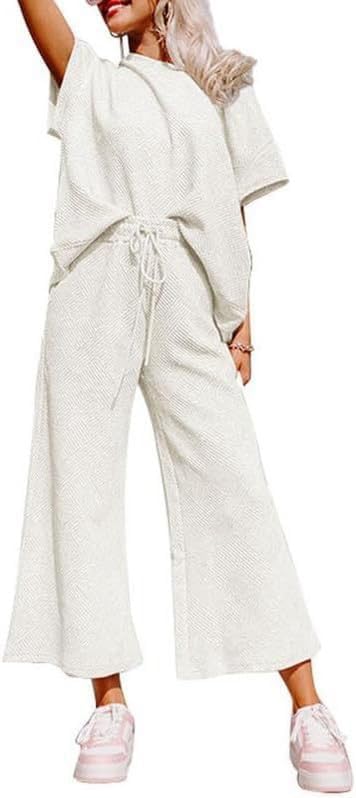 Lulu™ Zweiteiler Outfits texturiert Sweatsuit 3/4 Batwing Ärmel Rundhal Pullover Top Weites Bein Hose Trainingsanzug Set