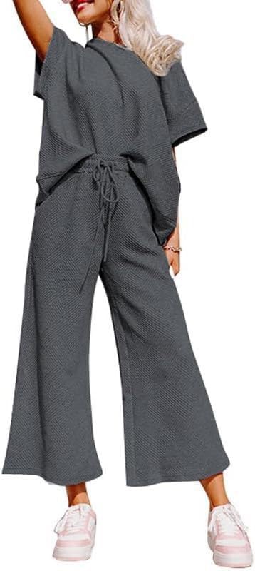 Lulu™ Zweiteiler Outfits texturiert Sweatsuit 3/4 Batwing Ärmel Rundhal Pullover Top Weites Bein Hose Trainingsanzug Set