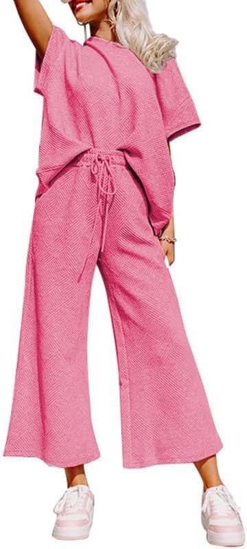 Lulu™ Zweiteiler Outfits texturiert Sweatsuit 3/4 Batwing Ärmel Rundhal Pullover Top Weites Bein Hose Trainingsanzug Set