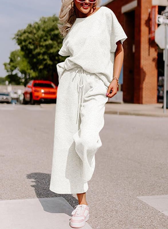 Lulu™ Zweiteiler Outfits texturiert Sweatsuit 3/4 Batwing Ärmel Rundhal Pullover Top Weites Bein Hose Trainingsanzug Set