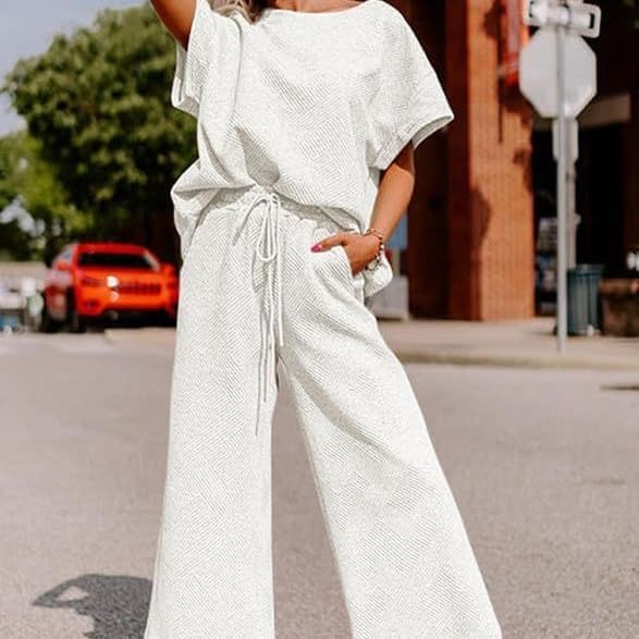 Lulu™ Zweiteiler Outfits texturiert Sweatsuit 3/4 Batwing Ärmel Rundhal Pullover Top Weites Bein Hose Trainingsanzug Set