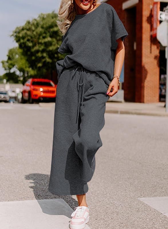 Lulu™ Zweiteiler Outfits texturiert Sweatsuit 3/4 Batwing Ärmel Rundhal Pullover Top Weites Bein Hose Trainingsanzug Set