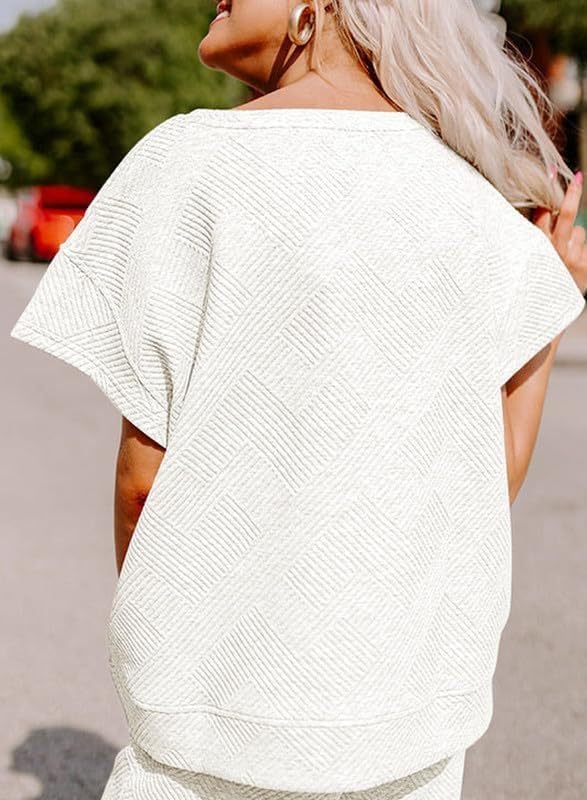 Lulu™ Zweiteiler Outfits texturiert Sweatsuit 3/4 Batwing Ärmel Rundhal Pullover Top Weites Bein Hose Trainingsanzug Set