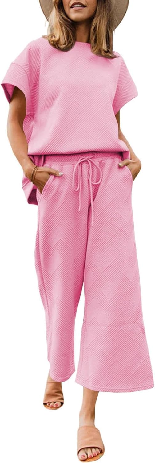 Lulu™ Zweiteiler Outfits texturiert Sweatsuit 3/4 Batwing Ärmel Rundhal Pullover Top Weites Bein Hose Trainingsanzug Set