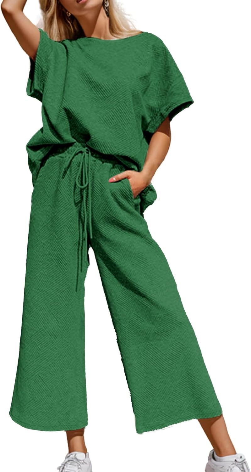 Lulu™ Zweiteiler Outfits texturiert Sweatsuit 3/4 Batwing Ärmel Rundhal Pullover Top Weites Bein Hose Trainingsanzug Set