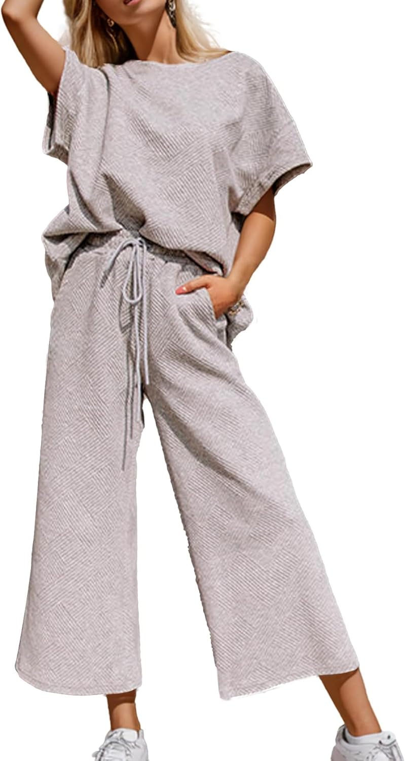 Lulu™ Zweiteiler Outfits texturiert Sweatsuit 3/4 Batwing Ärmel Rundhal Pullover Top Weites Bein Hose Trainingsanzug Set
