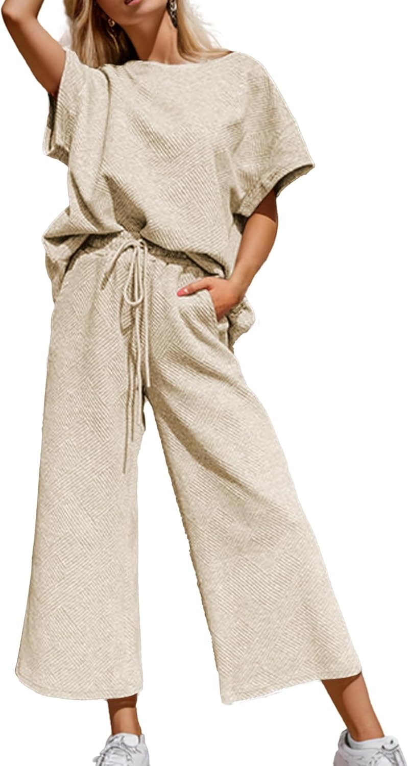 Lulu™ Zweiteiler Outfits texturiert Sweatsuit 3/4 Batwing Ärmel Rundhal Pullover Top Weites Bein Hose Trainingsanzug Set