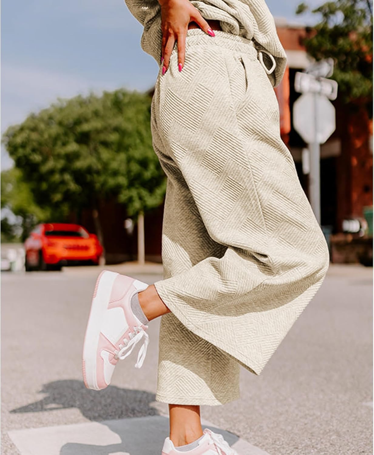 Lulu™ Zweiteiler Outfits texturiert Sweatsuit 3/4 Batwing Ärmel Rundhal Pullover Top Weites Bein Hose Trainingsanzug Set