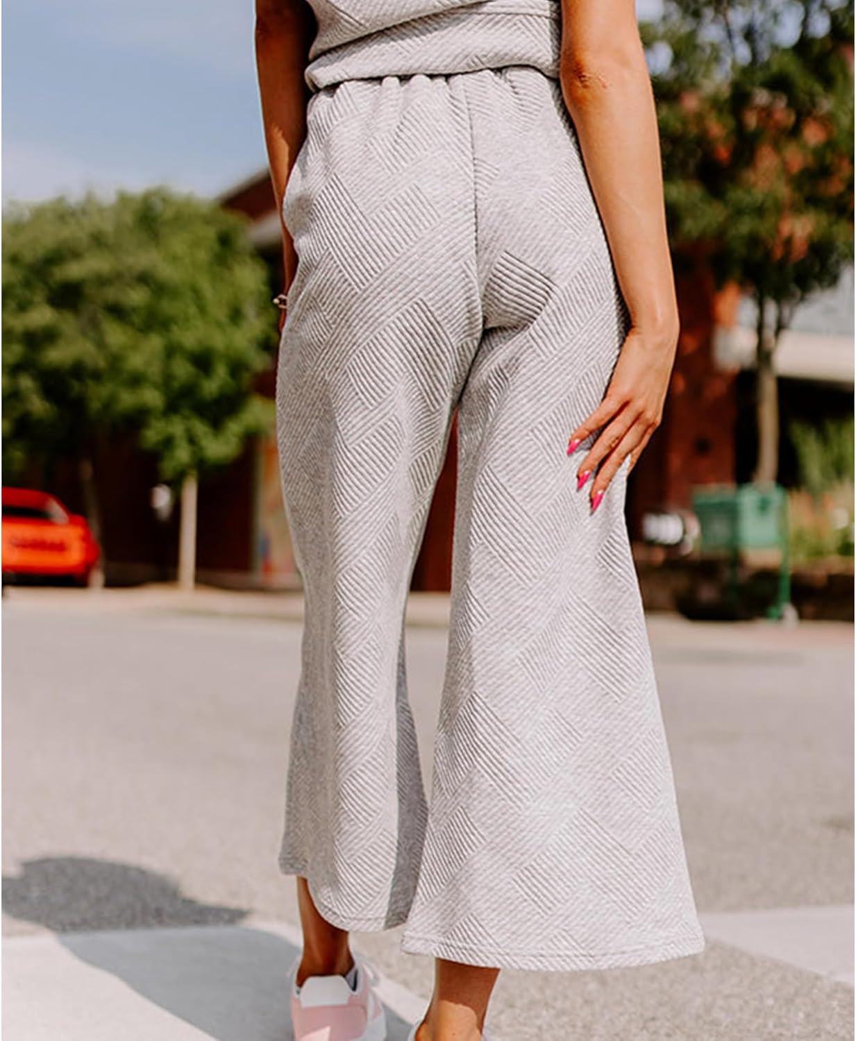 Lulu™ Zweiteiler Outfits texturiert Sweatsuit 3/4 Batwing Ärmel Rundhal Pullover Top Weites Bein Hose Trainingsanzug Set