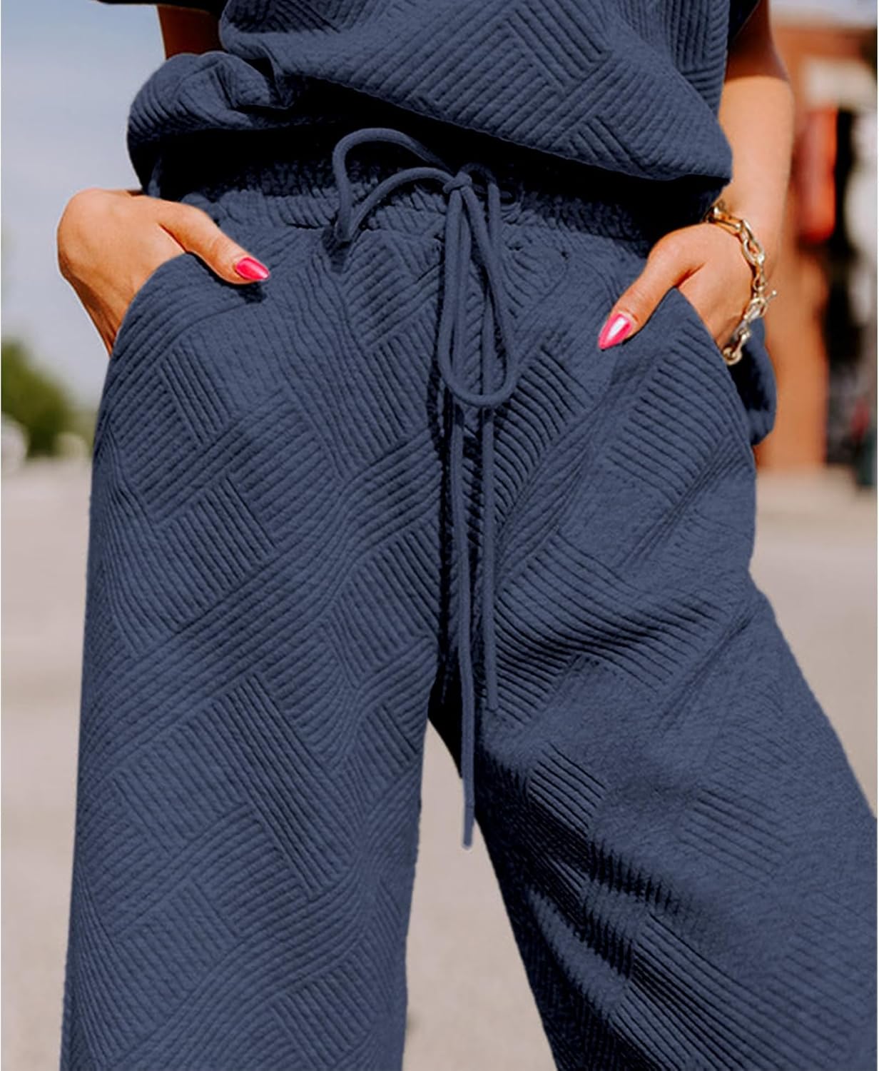 Lulu™ Zweiteiler Outfits texturiert Sweatsuit 3/4 Batwing Ärmel Rundhal Pullover Top Weites Bein Hose Trainingsanzug Set