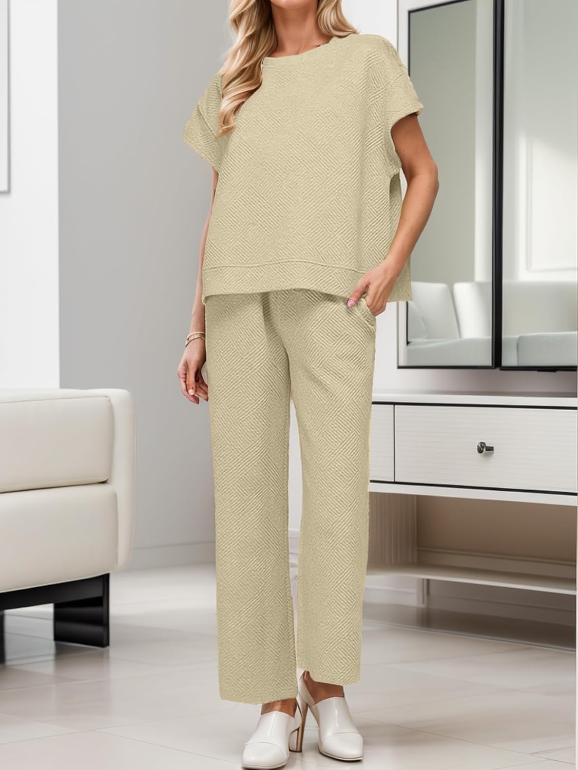 Lulu™ Zweiteiler Outfits texturiert Sweatsuit 3/4 Batwing Ärmel Rundhal Pullover Top Weites Bein Hose Trainingsanzug Set