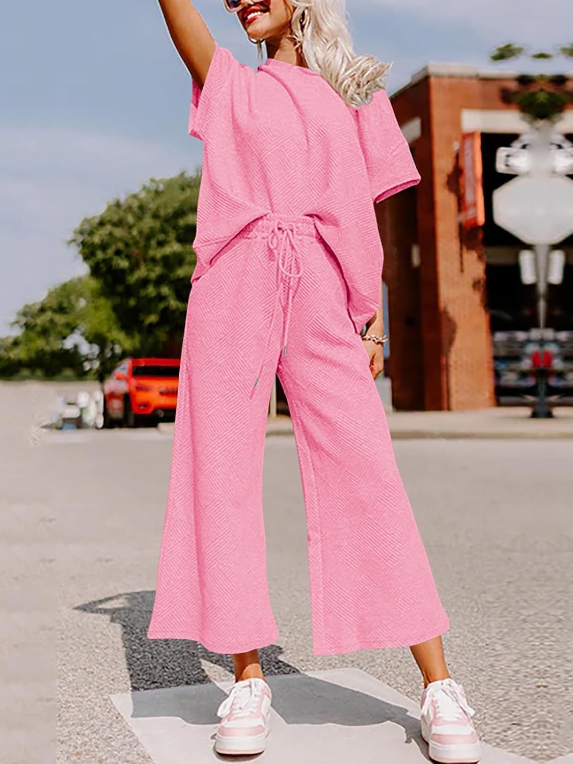 Lulu™ Zweiteiler Outfits texturiert Sweatsuit 3/4 Batwing Ärmel Rundhal Pullover Top Weites Bein Hose Trainingsanzug Set