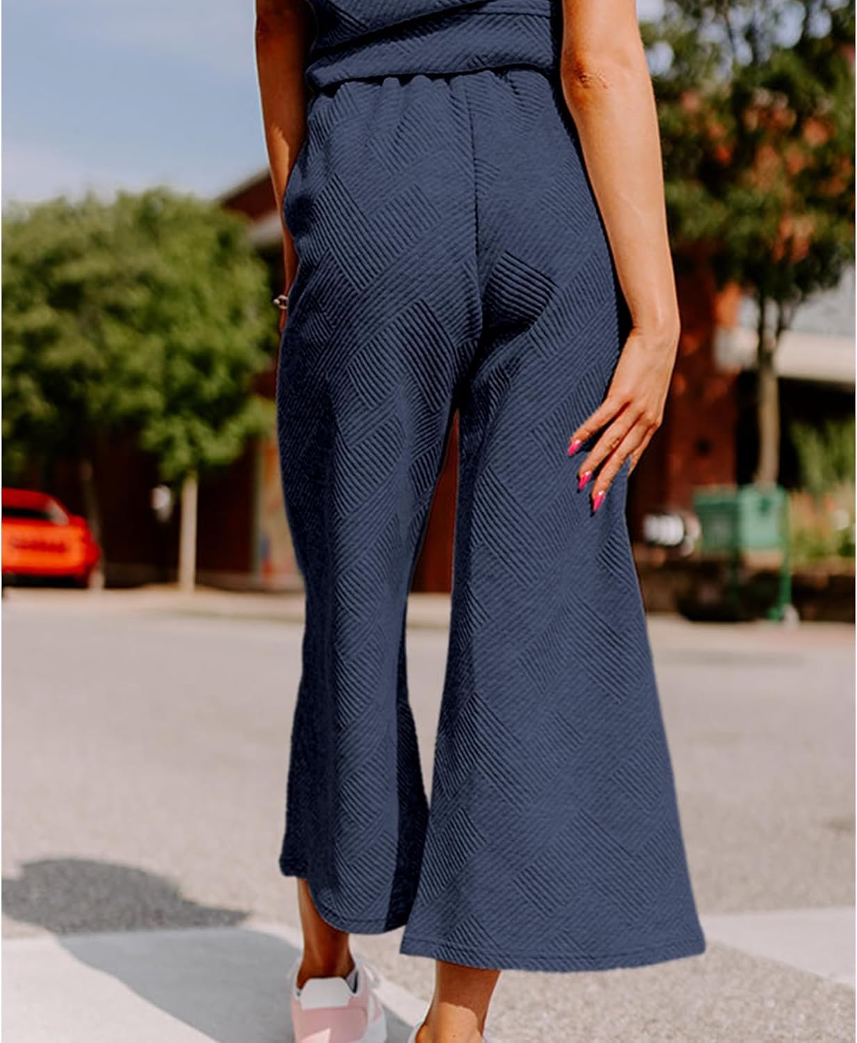 Lulu™ Zweiteiler Outfits texturiert Sweatsuit 3/4 Batwing Ärmel Rundhal Pullover Top Weites Bein Hose Trainingsanzug Set