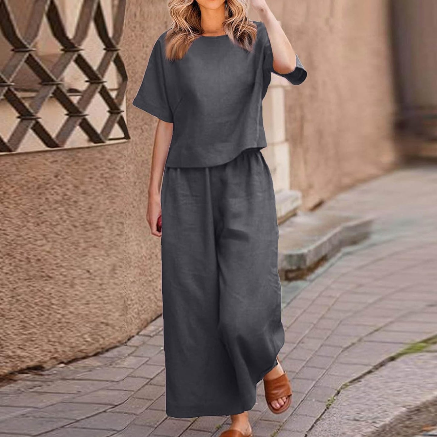 Emma™ Hosenanzug 2 Teiler Bluse Casual Einfarbig Leicht Atmungsaktiv Lose und Elegant
