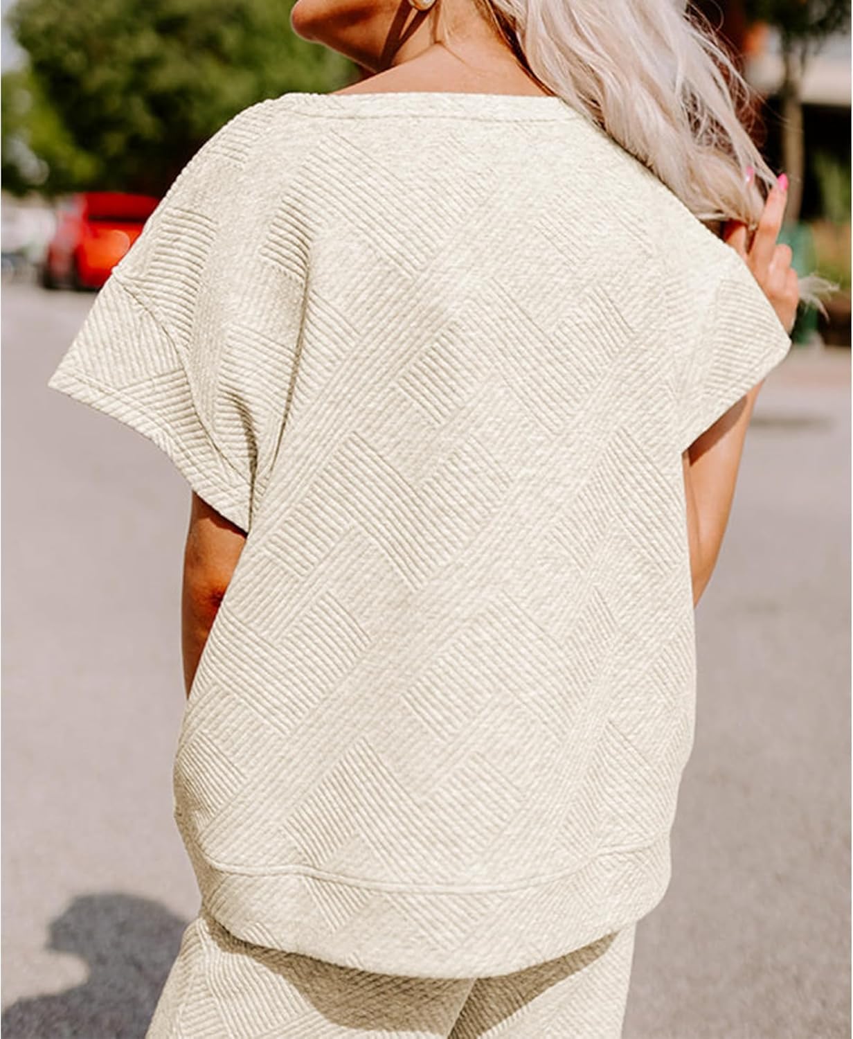 Lulu™ Zweiteiler Outfits texturiert Sweatsuit 3/4 Batwing Ärmel Rundhal Pullover Top Weites Bein Hose Trainingsanzug Set