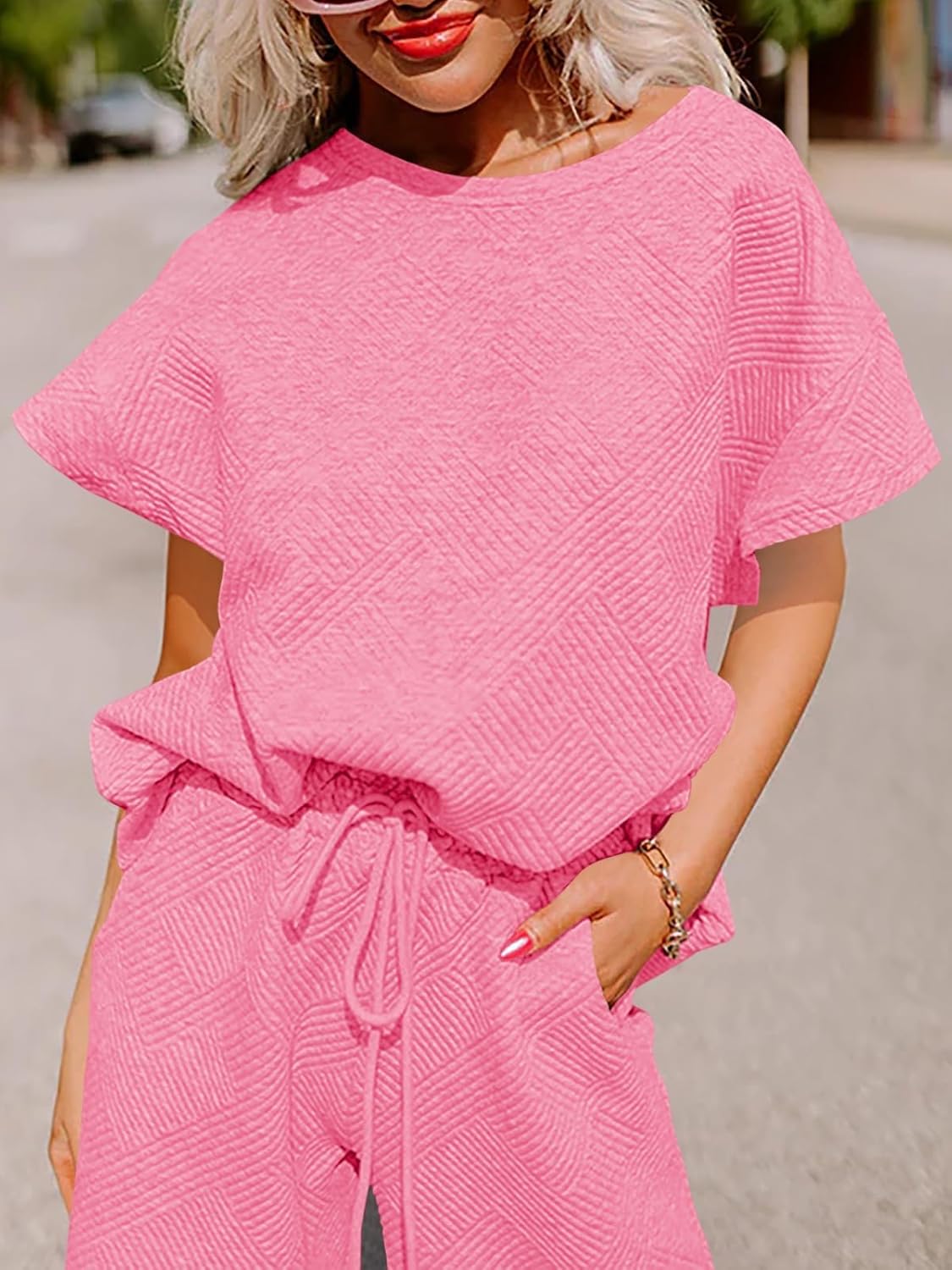 Lulu™ Zweiteiler Outfits texturiert Sweatsuit 3/4 Batwing Ärmel Rundhal Pullover Top Weites Bein Hose Trainingsanzug Set