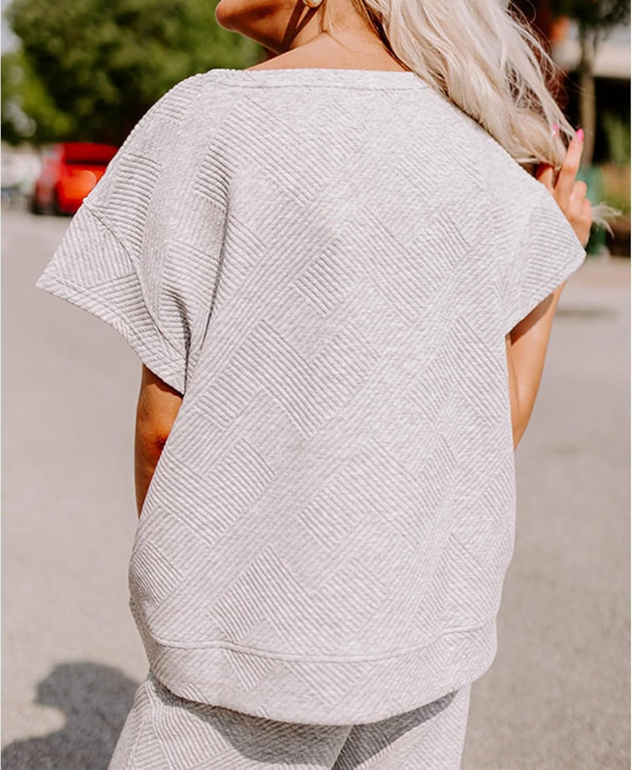 Lulu™ Zweiteiler Outfits texturiert Sweatsuit 3/4 Batwing Ärmel Rundhal Pullover Top Weites Bein Hose Trainingsanzug Set