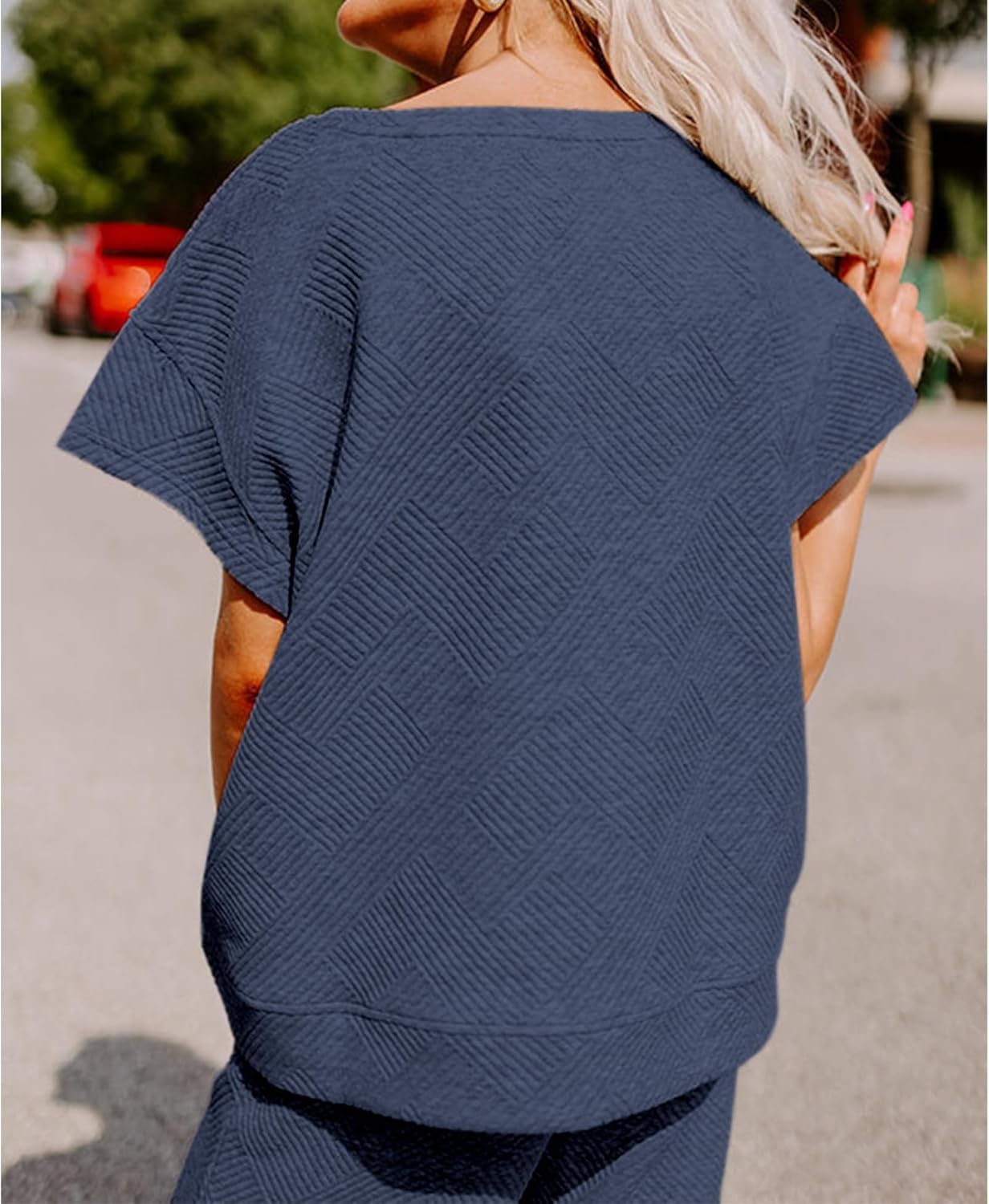 Lulu™ Zweiteiler Outfits texturiert Sweatsuit 3/4 Batwing Ärmel Rundhal Pullover Top Weites Bein Hose Trainingsanzug Set