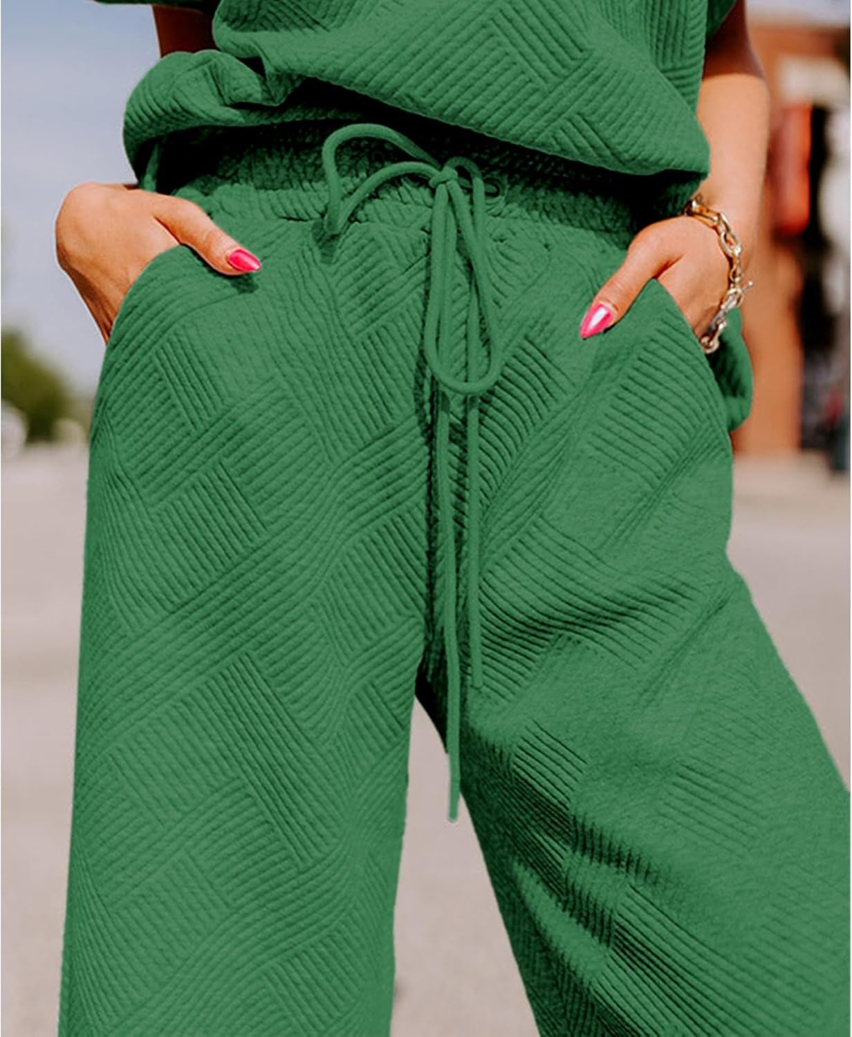 Lulu™ Zweiteiler Outfits texturiert Sweatsuit 3/4 Batwing Ärmel Rundhal Pullover Top Weites Bein Hose Trainingsanzug Set