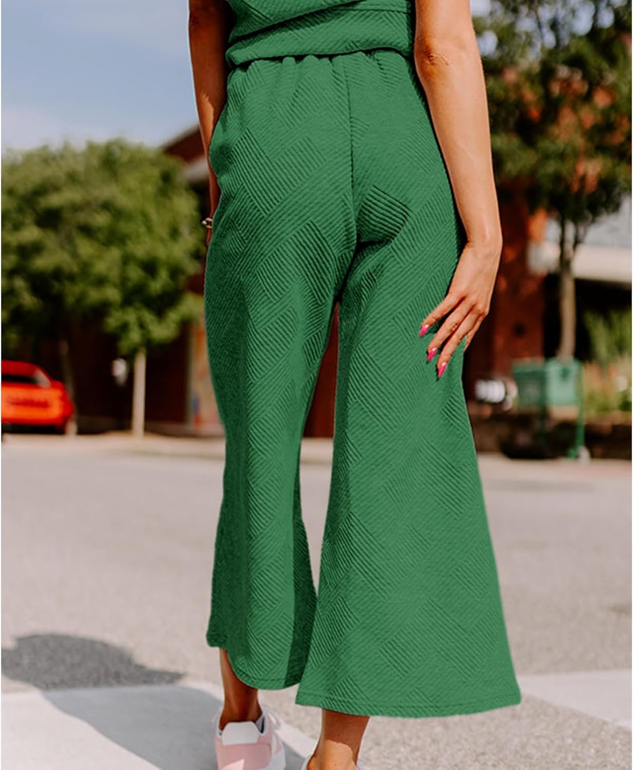 Lulu™ Zweiteiler Outfits texturiert Sweatsuit 3/4 Batwing Ärmel Rundhal Pullover Top Weites Bein Hose Trainingsanzug Set
