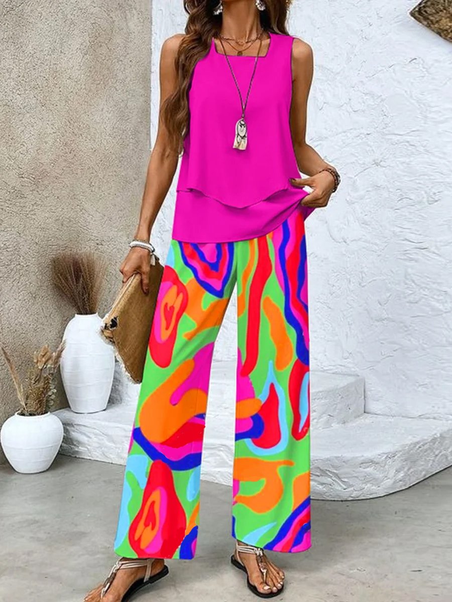Helga™ Chices Mehrfarbiges Print-Tanktop und Weitbein-Hose Zweiteiliges Set für Damen | Perfekt für alle Jahreszeiten