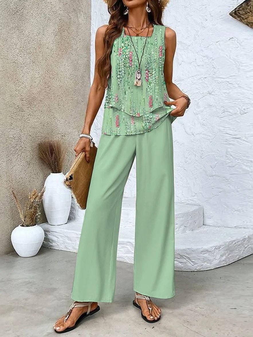 Helga™ Chices Mehrfarbiges Print-Tanktop und Weitbein-Hose Zweiteiliges Set für Damen | Perfekt für alle Jahreszeiten