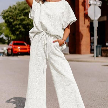 Lulu™ Zweiteiler Outfits texturiert Sweatsuit 3/4 Batwing Ärmel Rundhal Pullover Top Weites Bein Hose Trainingsanzug Set
