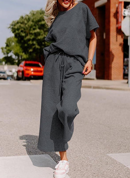 Lulu™ Zweiteiler Outfits texturiert Sweatsuit 3/4 Batwing Ärmel Rundhal Pullover Top Weites Bein Hose Trainingsanzug Set