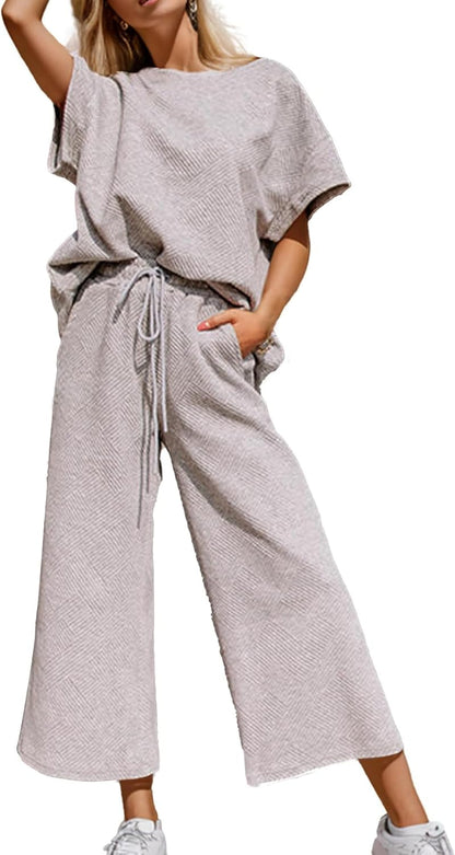 Lulu™ Zweiteiler Outfits texturiert Sweatsuit 3/4 Batwing Ärmel Rundhal Pullover Top Weites Bein Hose Trainingsanzug Set