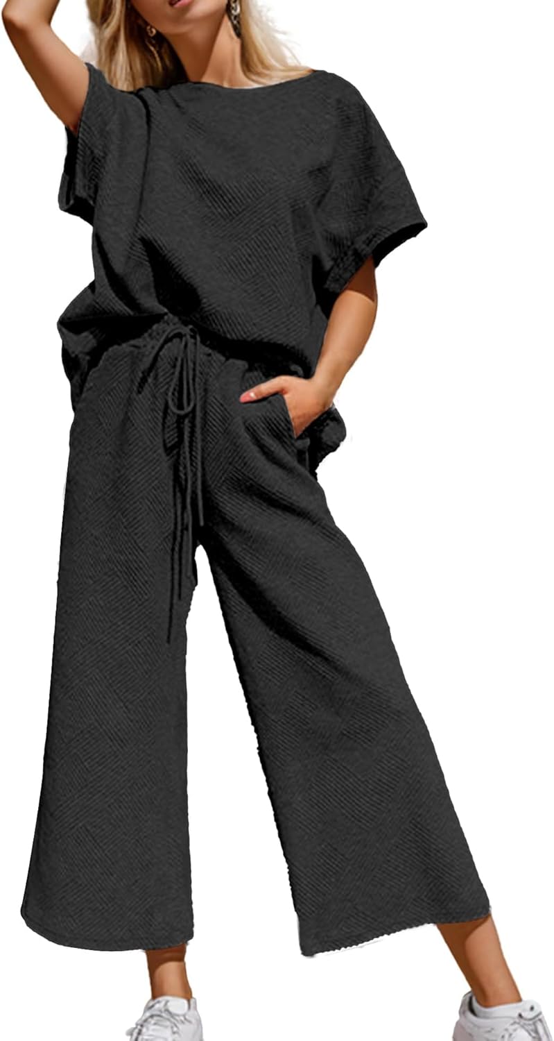 Lulu™ Zweiteiler Outfits texturiert Sweatsuit 3/4 Batwing Ärmel Rundhal Pullover Top Weites Bein Hose Trainingsanzug Set