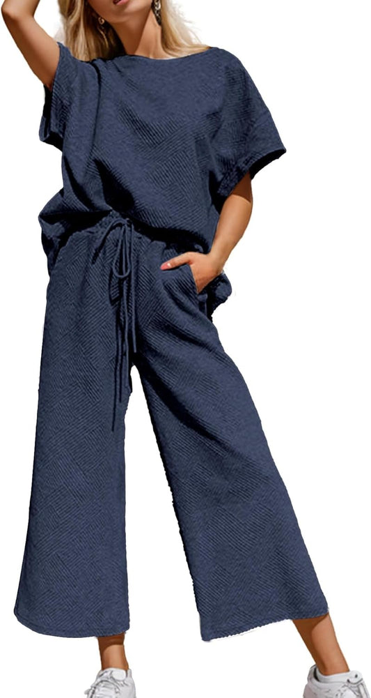Lulu™ Zweiteiler Outfits texturiert Sweatsuit 3/4 Batwing Ärmel Rundhal Pullover Top Weites Bein Hose Trainingsanzug Set