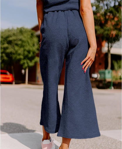 Lulu™ Zweiteiler Outfits texturiert Sweatsuit 3/4 Batwing Ärmel Rundhal Pullover Top Weites Bein Hose Trainingsanzug Set
