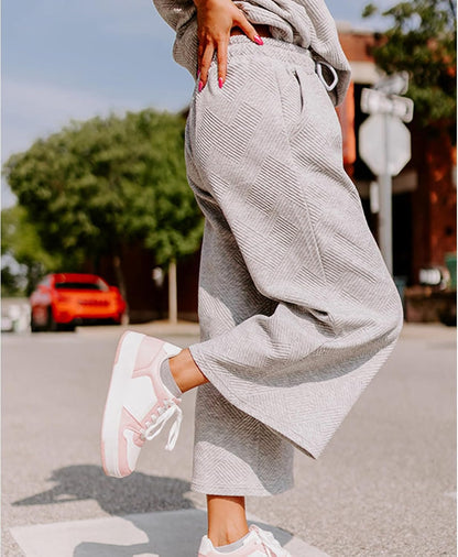 Lulu™ Zweiteiler Outfits texturiert Sweatsuit 3/4 Batwing Ärmel Rundhal Pullover Top Weites Bein Hose Trainingsanzug Set
