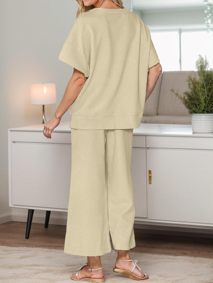 Lulu™ Zweiteiler Outfits texturiert Sweatsuit 3/4 Batwing Ärmel Rundhal Pullover Top Weites Bein Hose Trainingsanzug Set