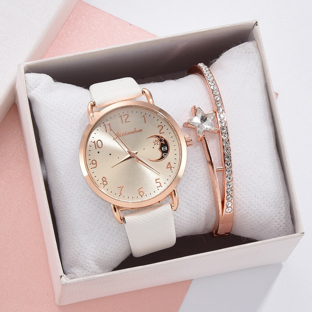 Ensemble avec montre et bracelets avec cadran numéroté lunaire